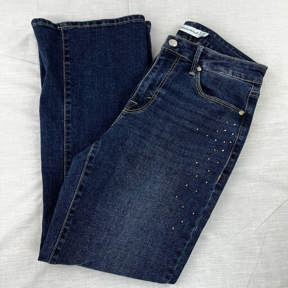 RM Rebecca Minkoff Flare Blue Jeans Womens 4P Stretch Dark Denim Petite Sequins